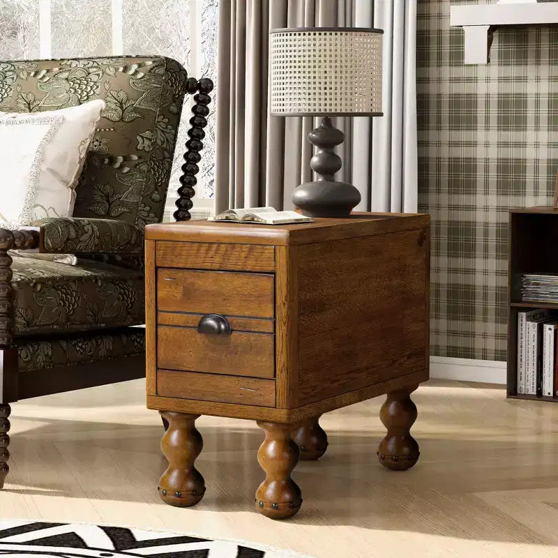 Vintage Rectangle End Table with Drawer, End Table with Wooden Legs and Surface, Narrow Side Table for Small Space, Living Room