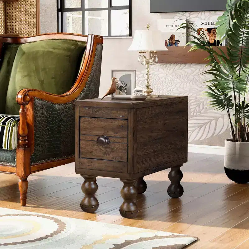Okak Vintage Rectangle End Table with Drawer, End Table with Wooden Legs and Surface, Narrow Side Table for Small Space, Living Room