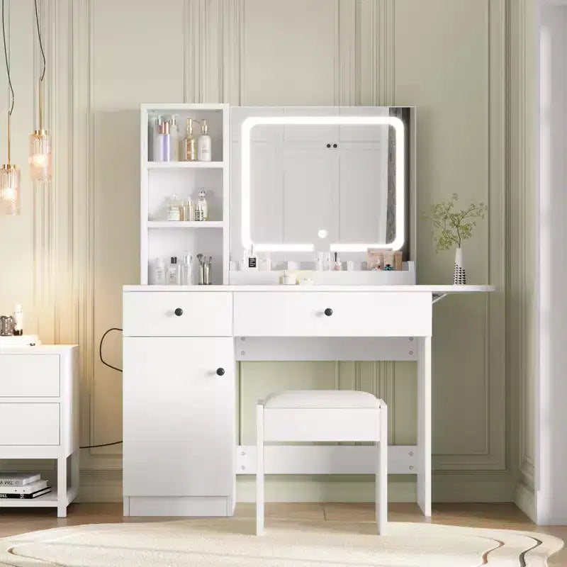 COZONY Vanity Desk with Mirror & Lights, Adjustable Makeup Vanity Desk with Faux Leather Stool, 2 Drawers & 3 Tiers Open Shelf, White