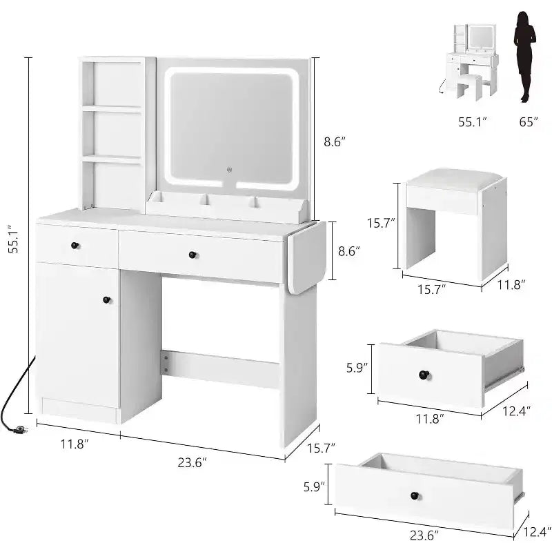 Vanity Desk with Mirror & Lights, Adjustable Makeup Vanity Desk with Faux Leather Stool, 2 Drawers & 3 Tiers Open Shelf, White