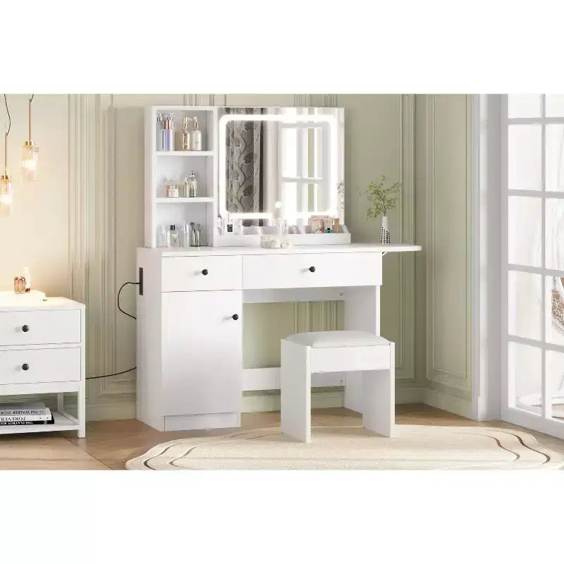 Vanity Desk with Mirror & Lights, Adjustable Makeup Vanity Desk with Faux Leather Stool, 2 Drawers & 3 Tiers Open Shelf, White