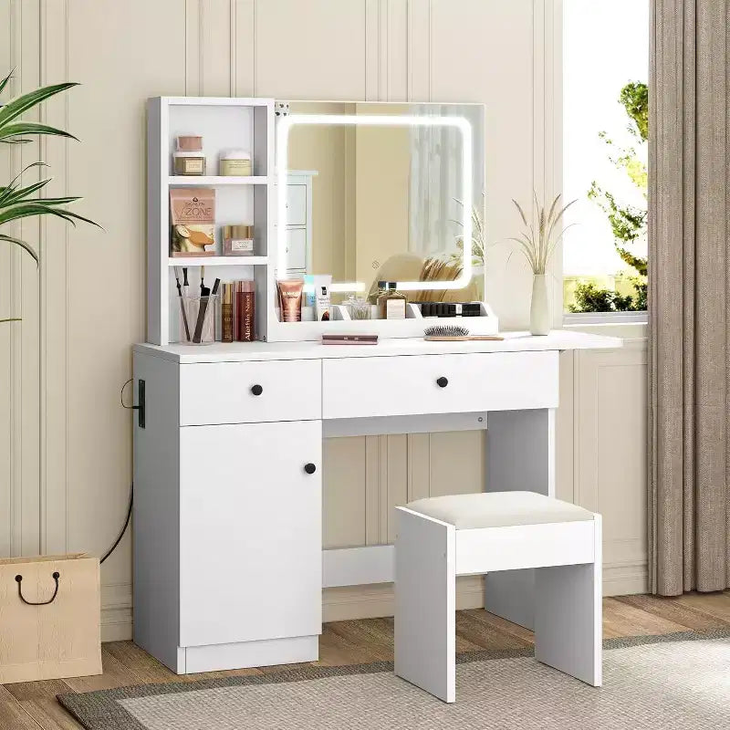 Vanity Desk with Mirror & Lights, Adjustable Makeup Vanity Desk with Faux Leather Stool, 2 Drawers & 3 Tiers Open Shelf, White