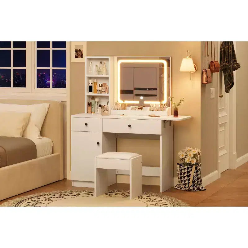 Vanity Desk with Mirror & Lights, Adjustable Makeup Vanity Desk with Faux Leather Stool, 2 Drawers & 3 Tiers Open Shelf, White