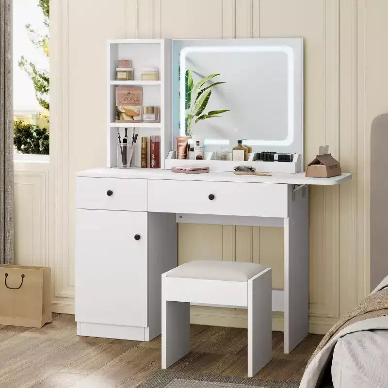 Vanity Desk with Mirror & Lights, Adjustable Makeup Vanity Desk with Faux Leather Stool, 2 Drawers & 3 Tiers Open Shelf, White