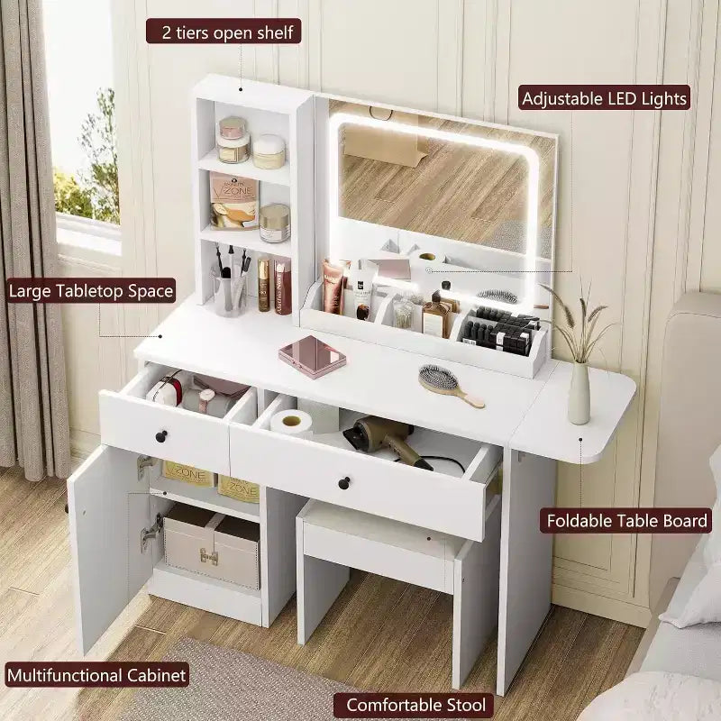Vanity Desk with Mirror & Lights, Adjustable Makeup Vanity Desk with Faux Leather Stool, 2 Drawers & 3 Tiers Open Shelf, White