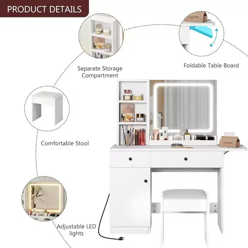 Vanity Desk with Mirror & Lights, Adjustable Makeup Vanity Desk with Faux Leather Stool, 2 Drawers & 3 Tiers Open Shelf, White