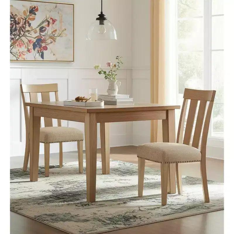 Set of Two Natural and Brown Upholstered Fabric And Solid Wood Slat Back Dining Side Chairs