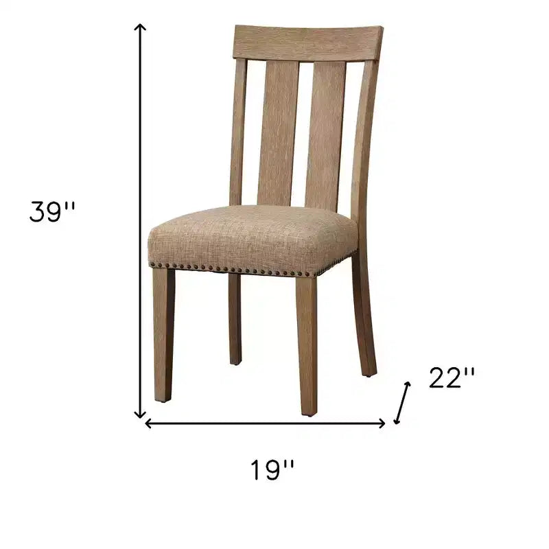 Set of Two Natural and Brown Upholstered Fabric And Solid Wood Slat Back Dining Side Chairs