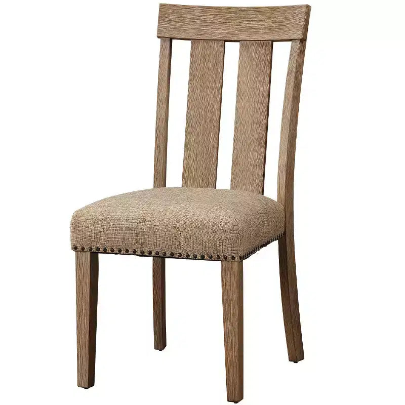 Set of Two Natural and Brown Upholstered Fabric And Solid Wood Slat Back Dining Side Chairs