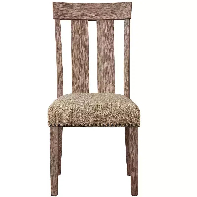 Set of Two Natural and Brown Upholstered Fabric And Solid Wood Slat Back Dining Side Chairs
