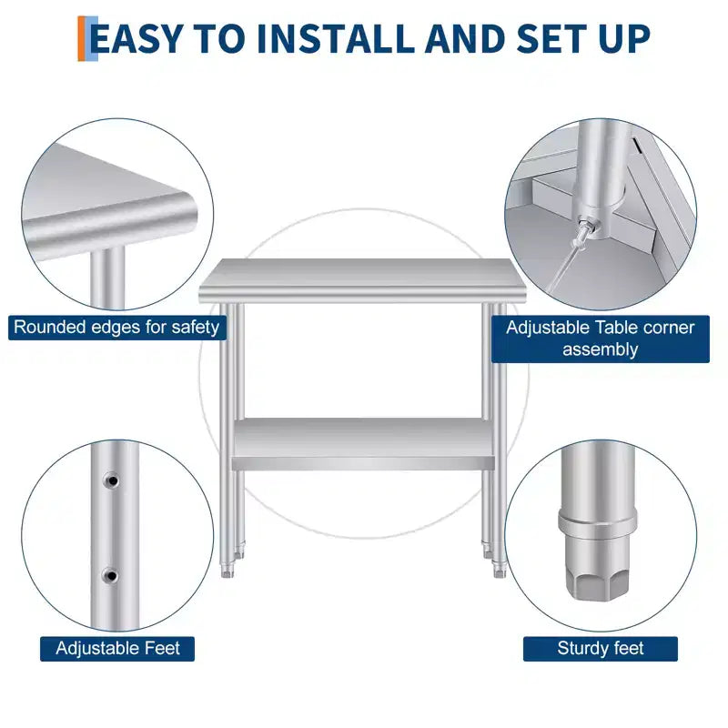 Stainless Steel Food Preparation Table with Rounded Corners, Adjustable Lower Shelf, Heavy-Duty Workbench with Adjustable Lower Shelf