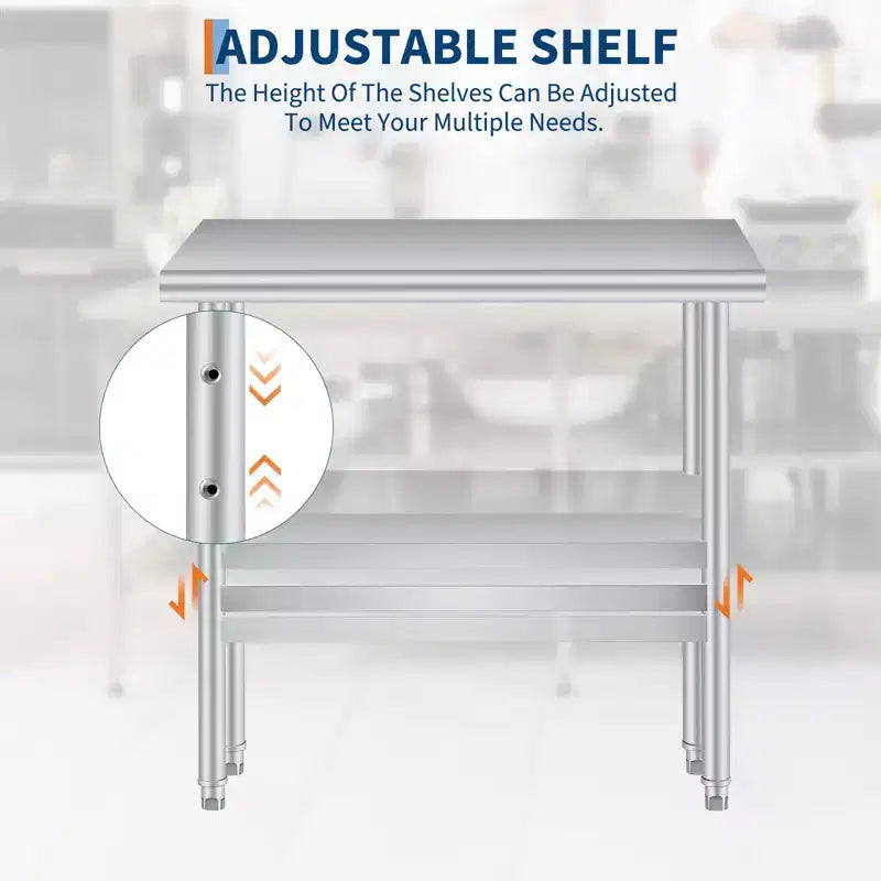 Stainless Steel Food Preparation Table with Rounded Corners, Adjustable Lower Shelf, Heavy-Duty Workbench with Adjustable Lower Shelf