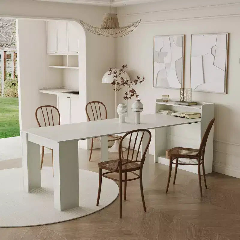 Modern extendable walnut dining table with storage space, easy assembly, rectangular design.