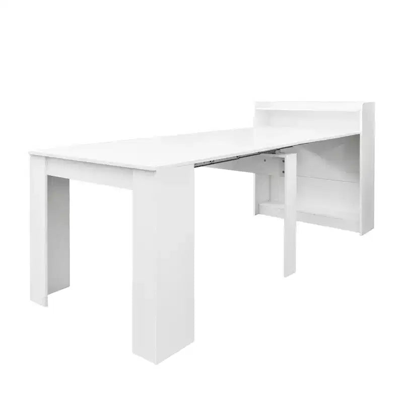Modern extendable walnut dining table with storage space, easy assembly, rectangular design.