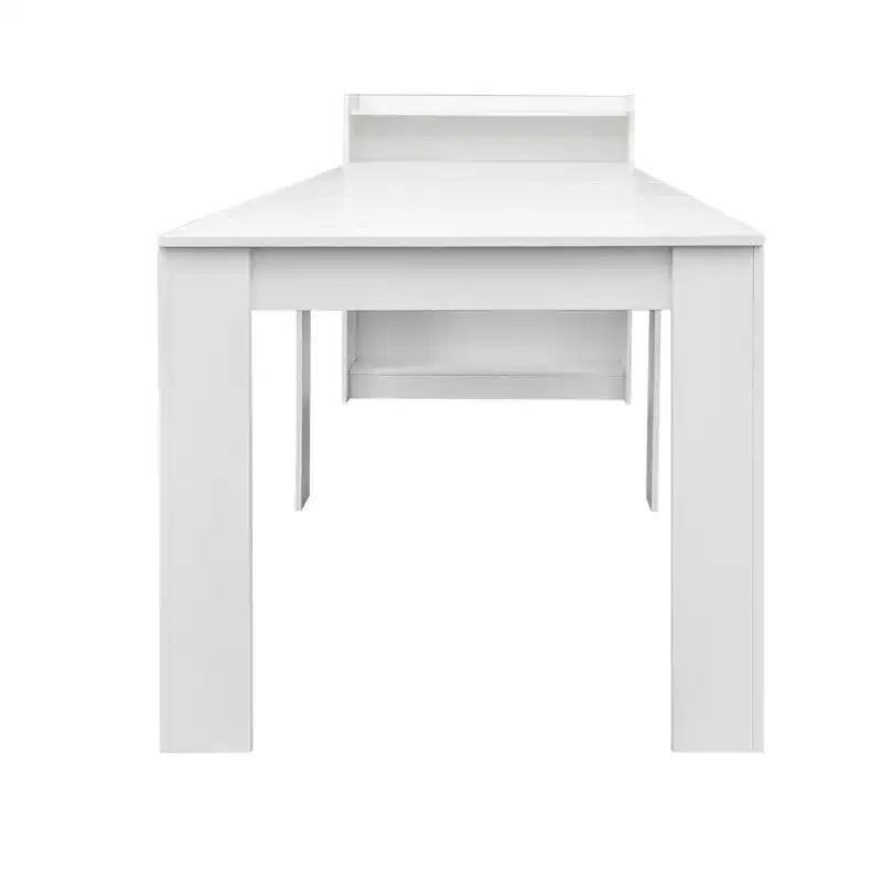 Modern extendable walnut dining table with storage space, easy assembly, rectangular design.