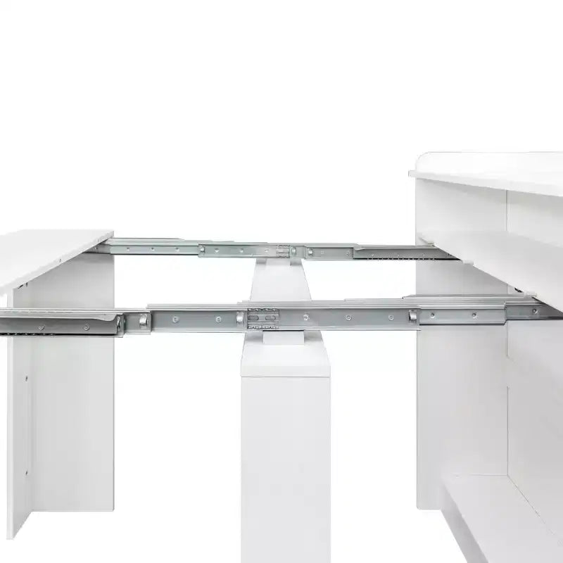 Modern extendable walnut dining table with storage space, easy assembly, rectangular design.