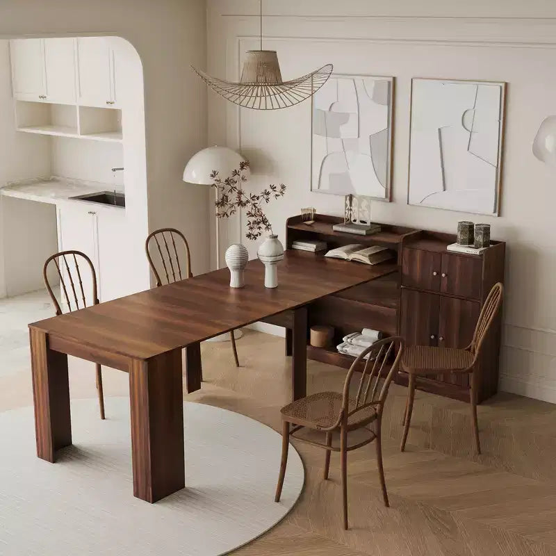 Modern extendable walnut dining table with storage space, easy assembly, rectangular design.