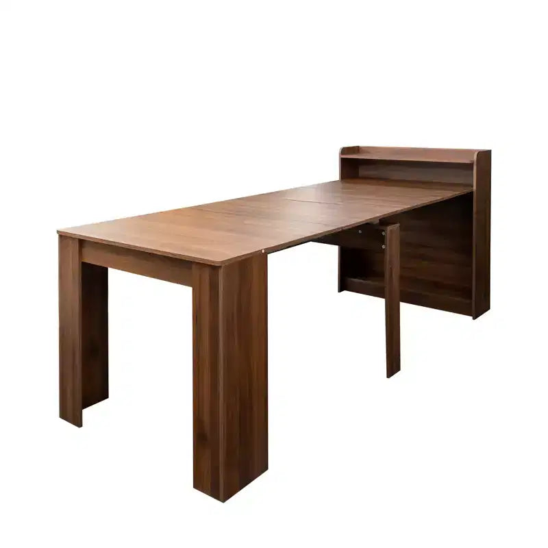 Modern extendable walnut dining table with storage space, easy assembly, rectangular design.