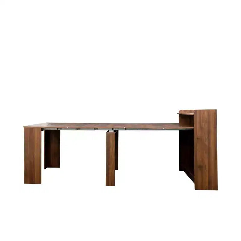 Modern extendable walnut dining table with storage space, easy assembly, rectangular design.