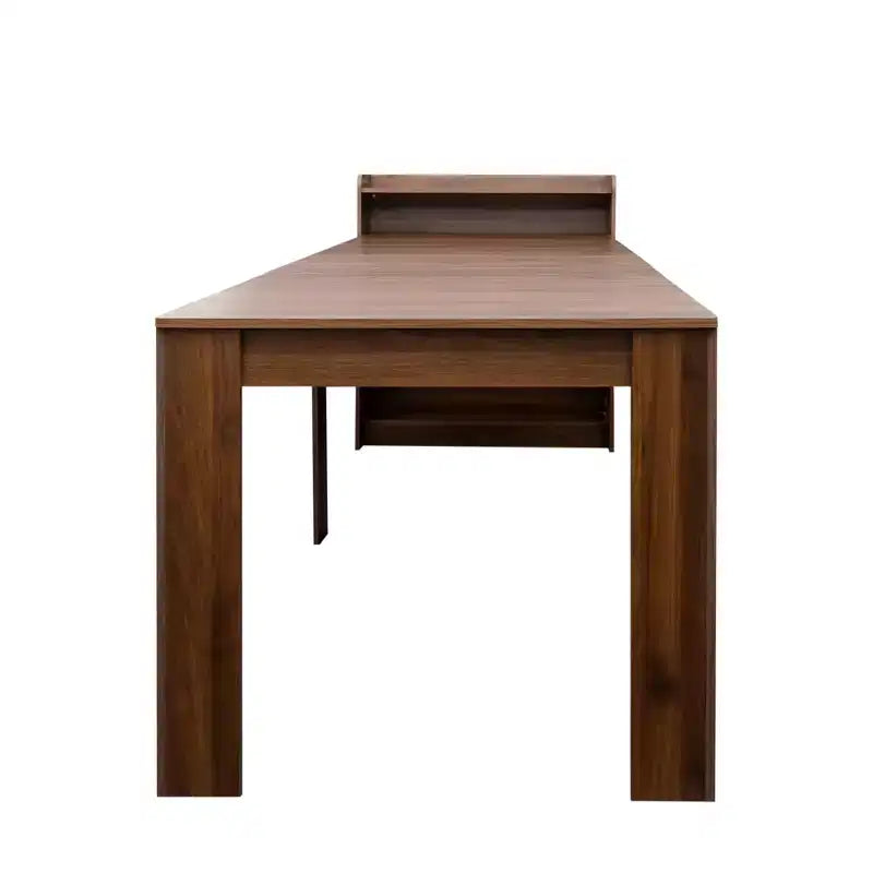 Modern extendable walnut dining table with storage space, easy assembly, rectangular design.