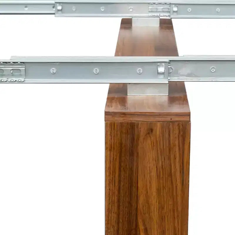 Modern extendable walnut dining table with storage space, easy assembly, rectangular design.