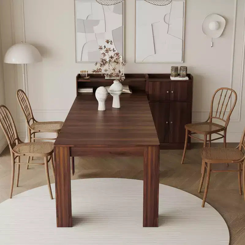 Modern extendable walnut dining table with storage space, easy assembly, rectangular design.