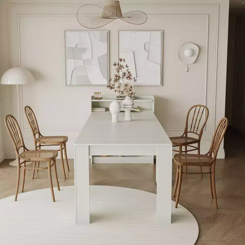 Modern extendable walnut dining table with storage space, easy assembly, rectangular design.