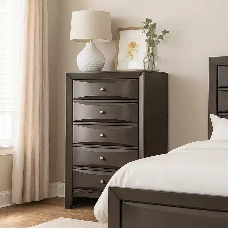 Royal Hampton Tall Dresser Chest, 5 Drawers, Chrome Handles, Modern Dark Gray