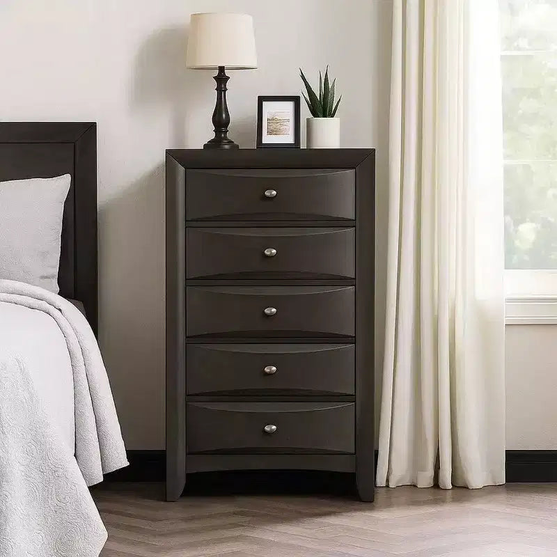 Tall Dresser Chest, 5 Drawers, Chrome Handles, Modern Dark Gray