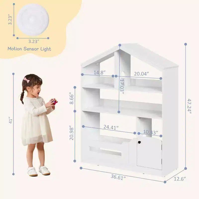 Kids Bookshelf with Light, Dollhouse Bookcase with Motion Sensor