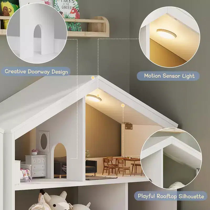 Kids Bookshelf with Light, Dollhouse Bookcase with Motion Sensor