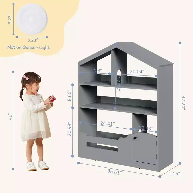 Kids Bookshelf with Light, Dollhouse Bookcase with Motion Sensor