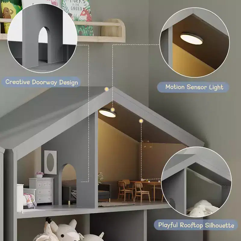 Kids Bookshelf with Light, Dollhouse Bookcase with Motion Sensor