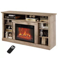 The TV stand features a electric fireplace and media entertainment center console, complete with remote control, and adjustable LED flame effects.