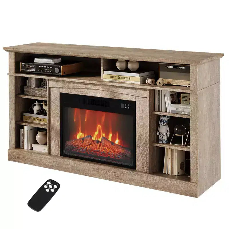The TV stand features a electric fireplace and media entertainment center console, complete with remote control, and adjustable LED flame effects.