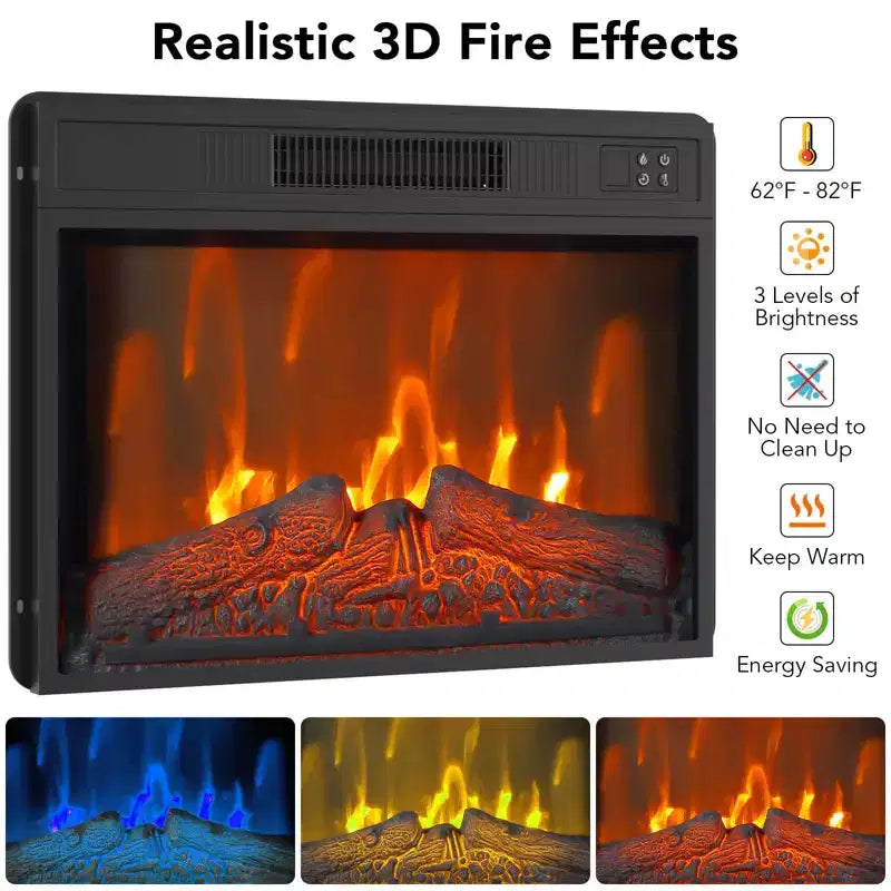 The TV stand features a electric fireplace and media entertainment center console, complete with remote control, and adjustable LED flame effects.