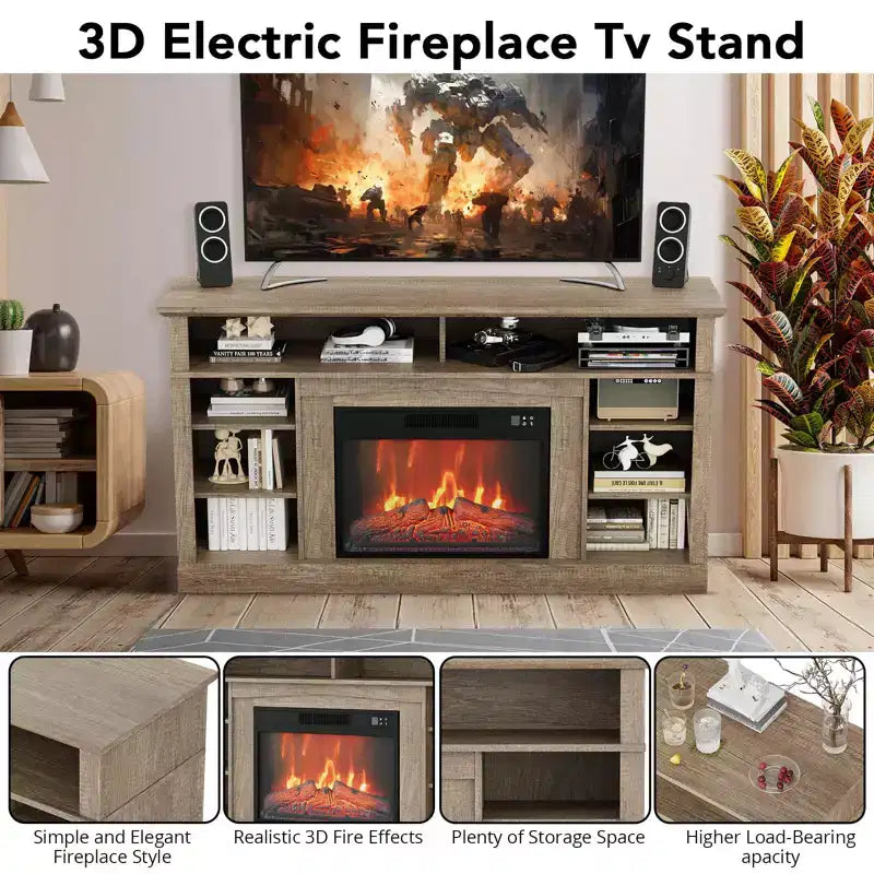 The TV stand features a electric fireplace and media entertainment center console, complete with remote control, and adjustable LED flame effects.