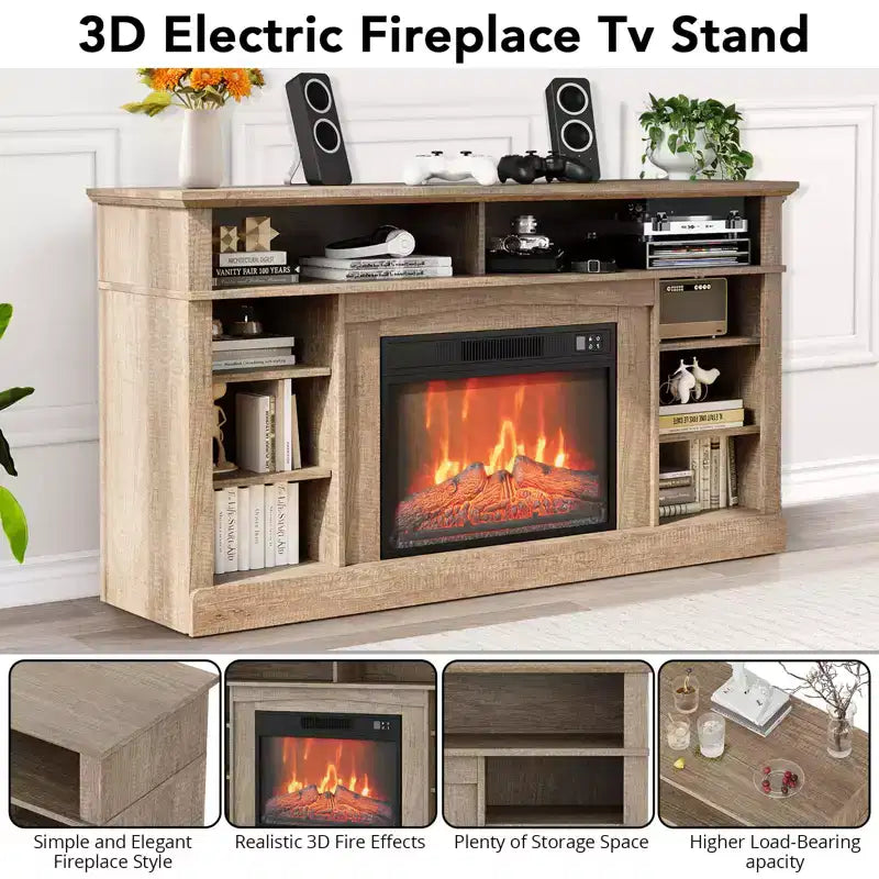 The TV stand features a electric fireplace and media entertainment center console, complete with remote control, and adjustable LED flame effects.