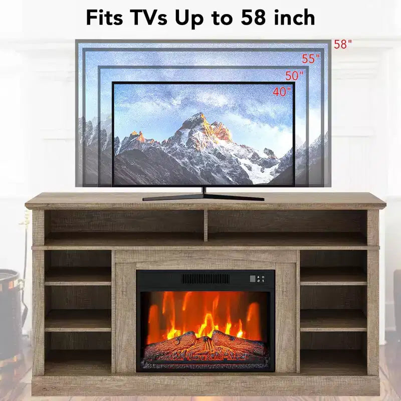 The TV stand features a electric fireplace and media entertainment center console, complete with remote control, and adjustable LED flame effects.