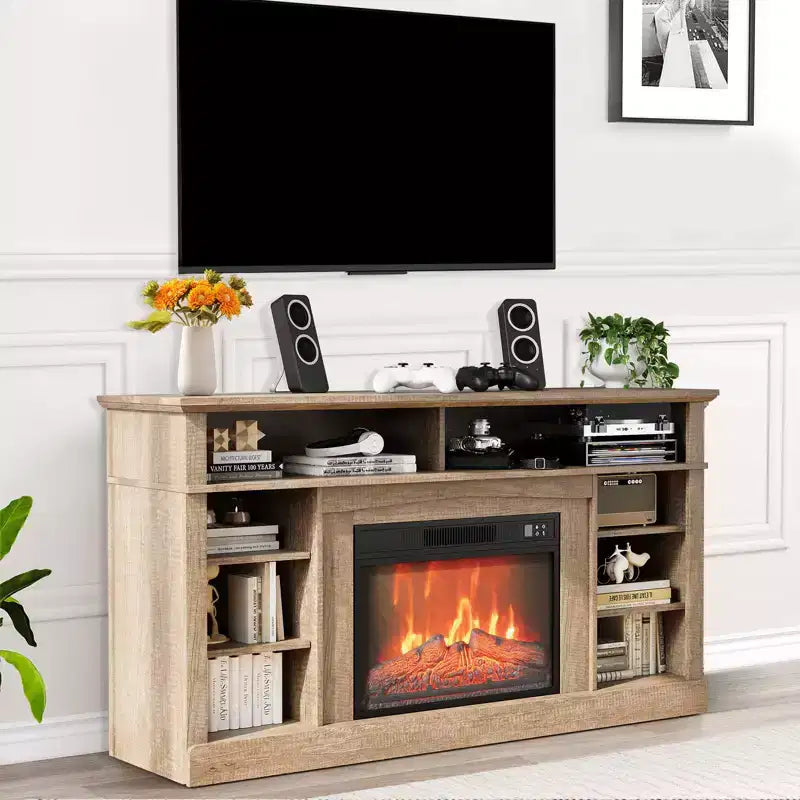 The TV stand features a electric fireplace and media entertainment center console, complete with remote control, and adjustable LED flame effects.