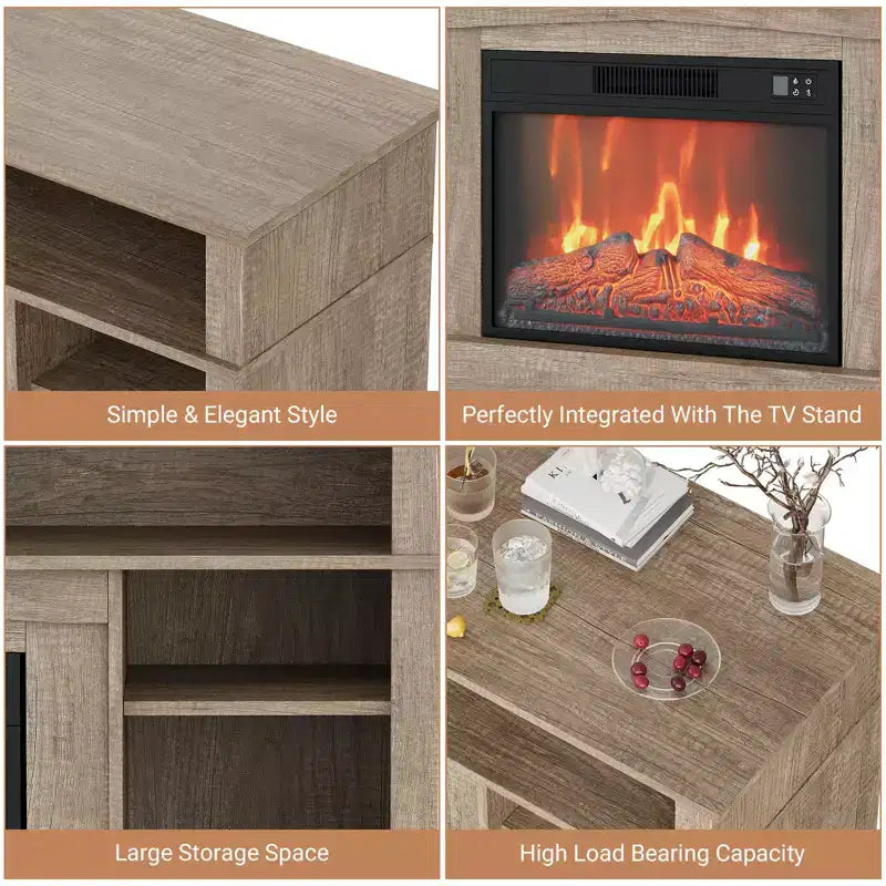 The TV stand features a electric fireplace and media entertainment center console, complete with remote control, and adjustable LED flame effects.
