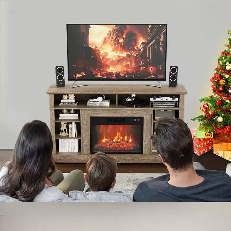 The TV stand features a electric fireplace and media entertainment center console, complete with remote control, and adjustable LED flame effects.