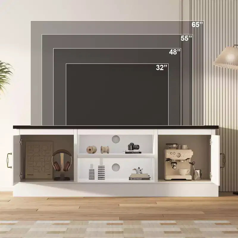 Farmhouse-style TV stand with storage cabinet, modern media console featuring rustic wood grain design, suitable for living rooms and home offices.