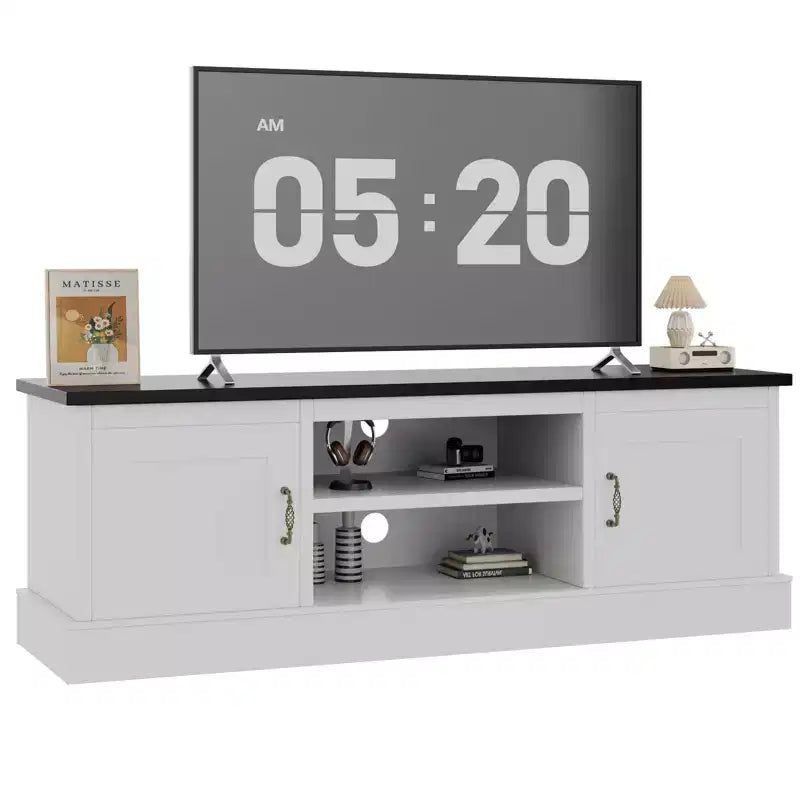 Farmhouse-style TV stand with storage cabinet, modern media console featuring rustic wood grain design, suitable for living rooms and home offices.