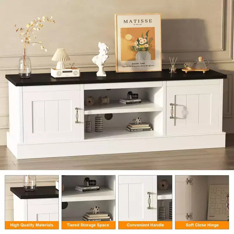 Farmhouse-style TV stand with storage cabinet, modern media console featuring rustic wood grain design, suitable for living rooms and home offices.