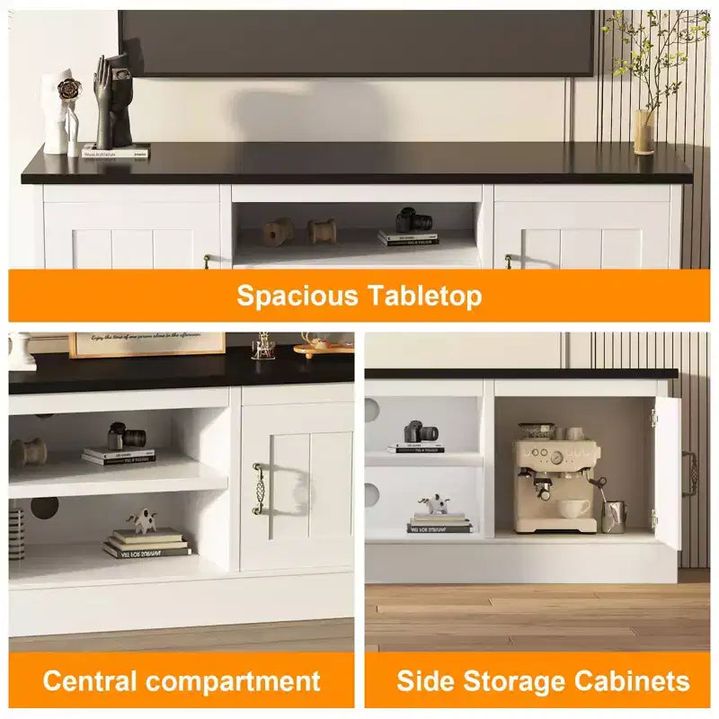 Farmhouse-style TV stand with storage cabinet, modern media console featuring rustic wood grain design, suitable for living rooms and home offices.