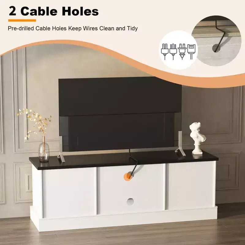 Farmhouse-style TV stand with storage cabinet, modern media console featuring rustic wood grain design, suitable for living rooms and home offices.