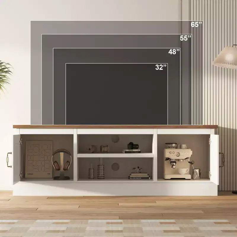 Farmhouse-style TV stand with storage cabinet, modern media console featuring rustic wood grain design, suitable for living rooms and home offices.
