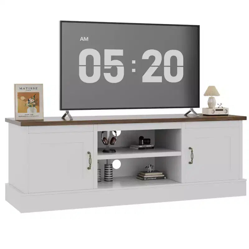 Farmhouse-style TV stand with storage cabinet, modern media console featuring rustic wood grain design, suitable for living rooms and home offices.