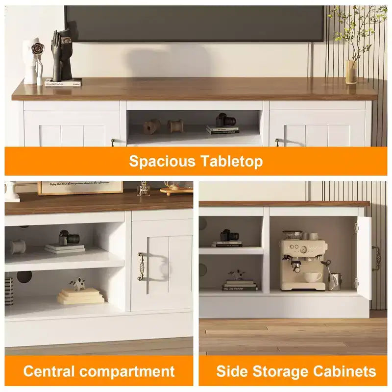 Farmhouse-style TV stand with storage cabinet, modern media console featuring rustic wood grain design, suitable for living rooms and home offices.